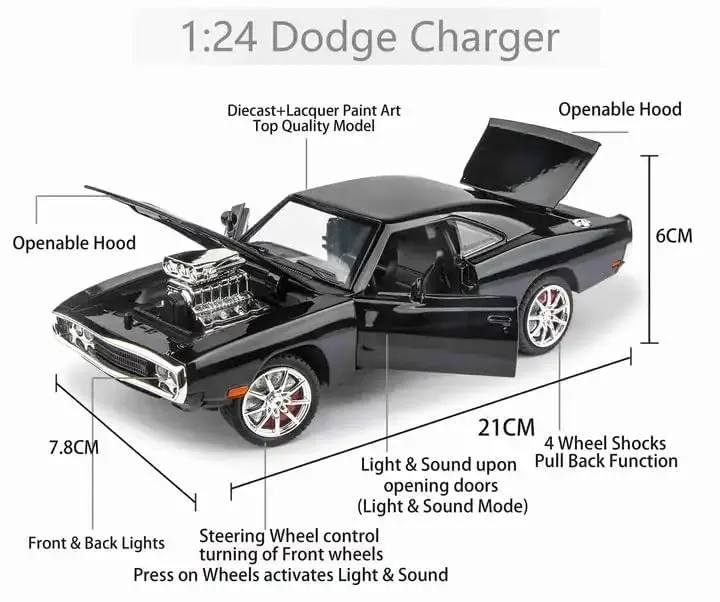 1:24 BIG FAST AND FURIOUS CAR DODGE CHARGER DIECAST MODEL METAL PULL-BACK CAR WITH SOUND LIGHT AND OPENING DOORS: A KIDS' TOY VEHICLE GIFT