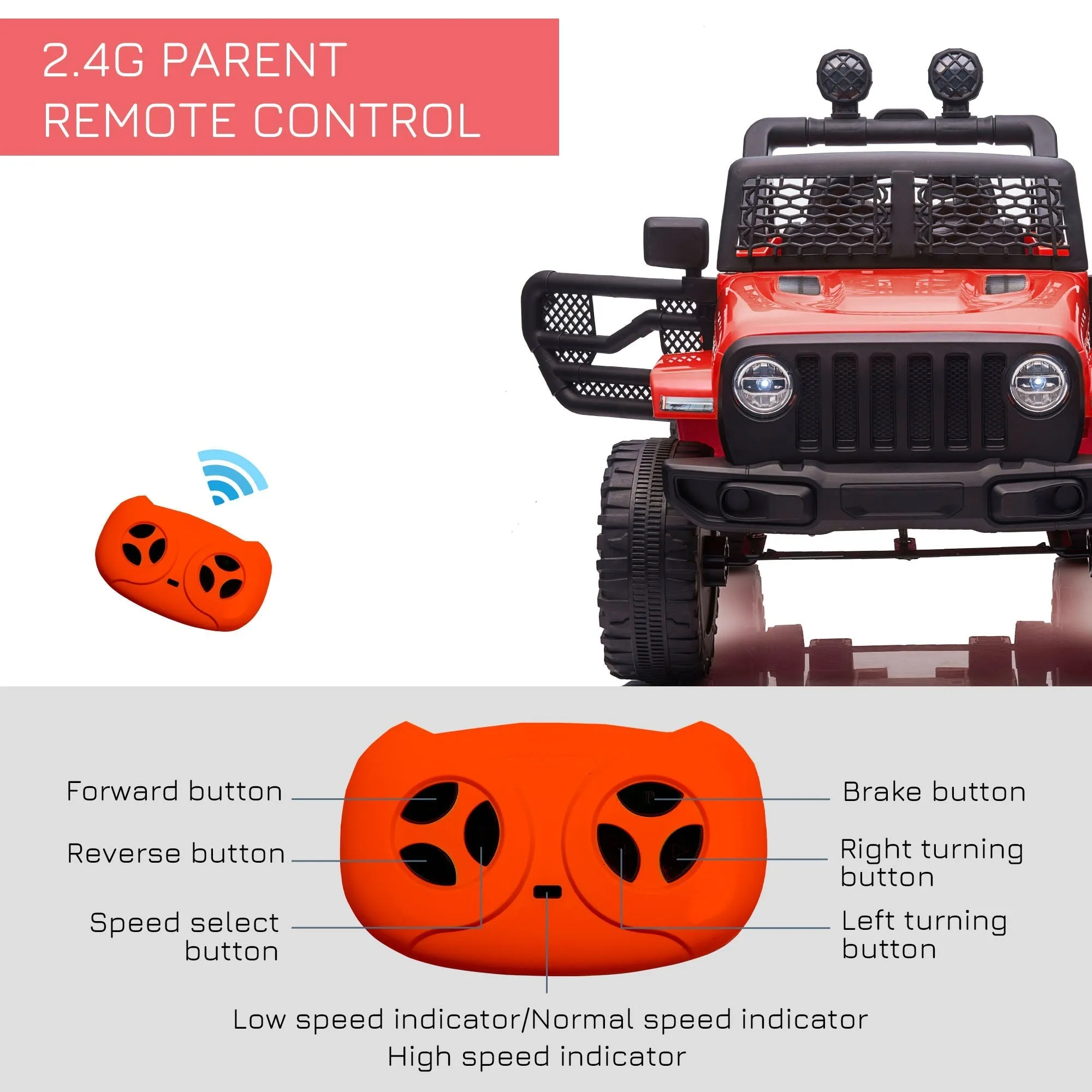 12V Battery-powered 2 Motors Kids Electric Ride On Car Truck Off-road Toy with Parental Remote Control Horn Lights Suspension Wheels for 3-6 Years Old Red