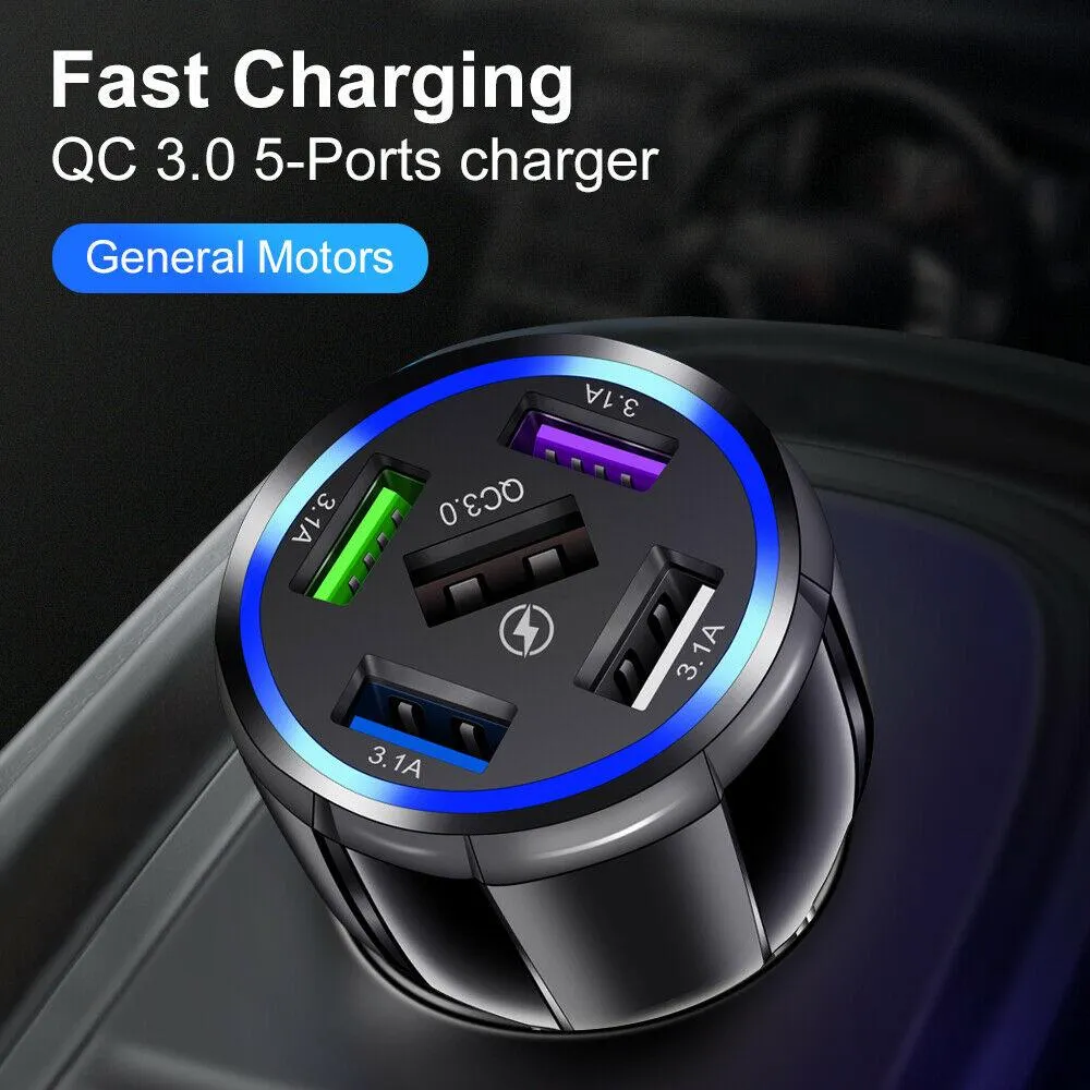 2 Pack 5 Port USB Fast Car Charger with LED Display Charge 5 Devices