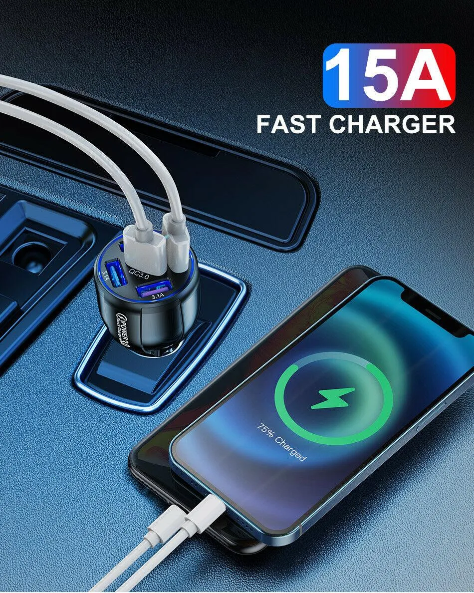 2 Pack 5 Port USB Fast Car Charger with LED Display Charge 5 Devices