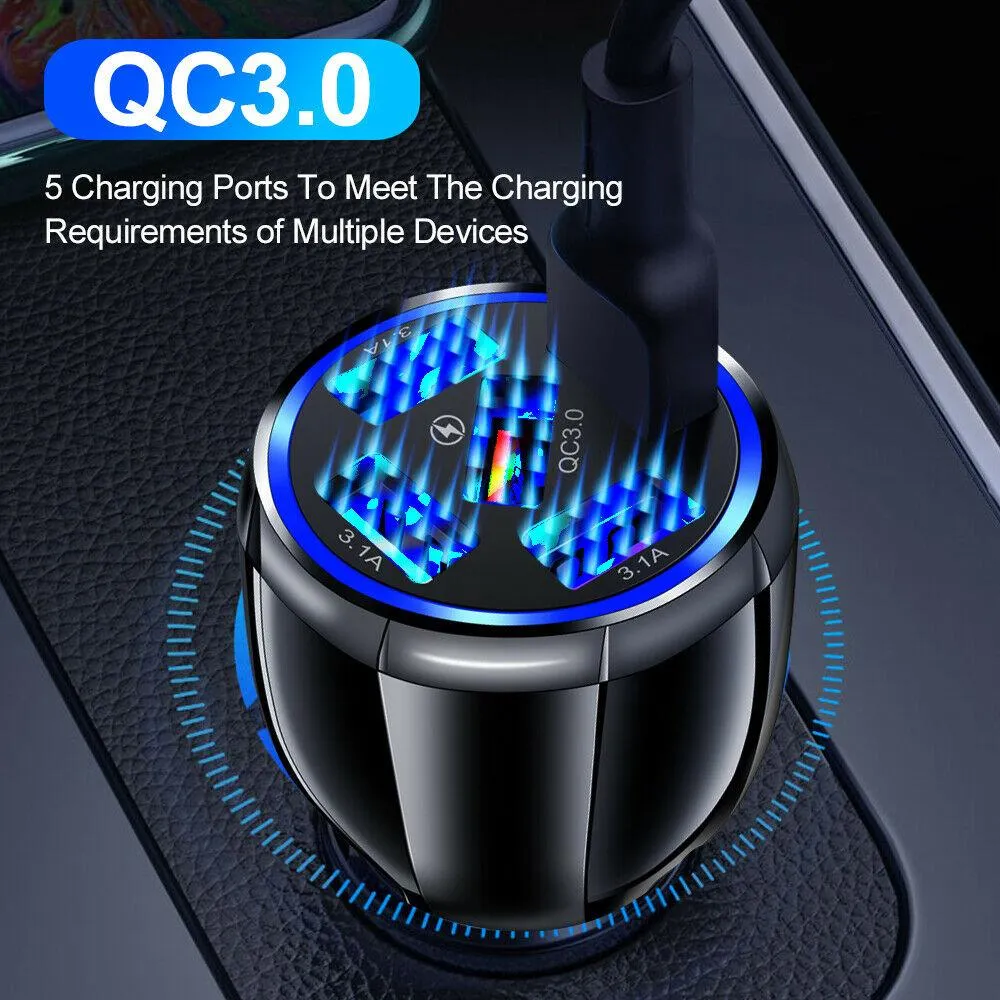 2 Pack 5 Port USB Fast Car Charger with LED Display Charge 5 Devices