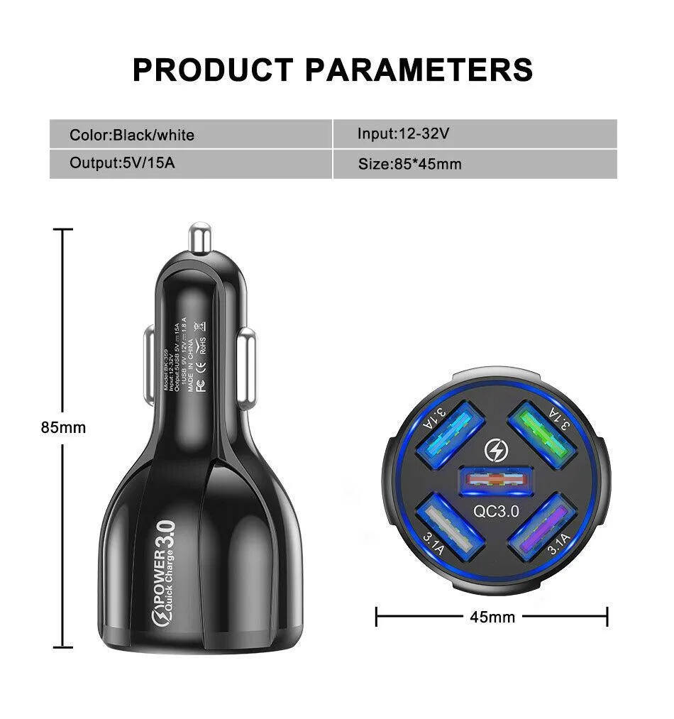 2 Pack 5 Port USB Fast Car Charger with LED Display Charge 5 Devices