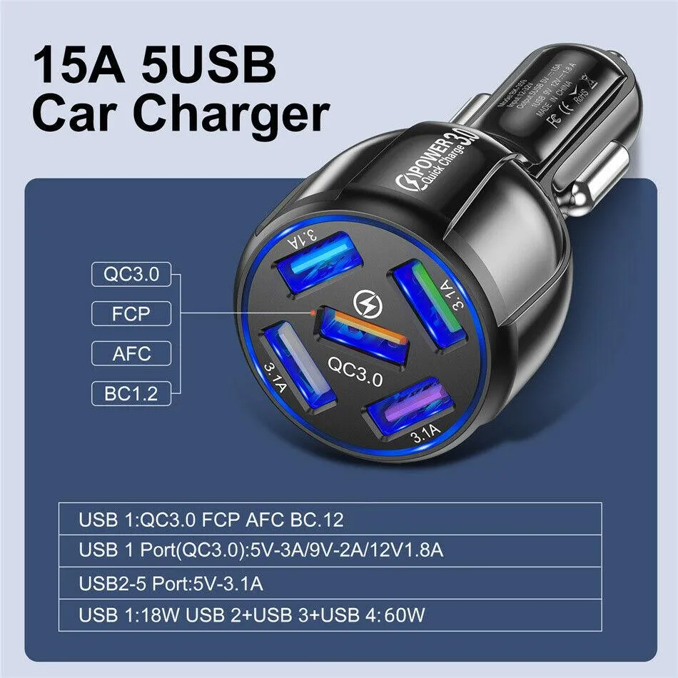 2 Pack 5 Port USB Fast Car Charger with LED Display Charge 5 Devices