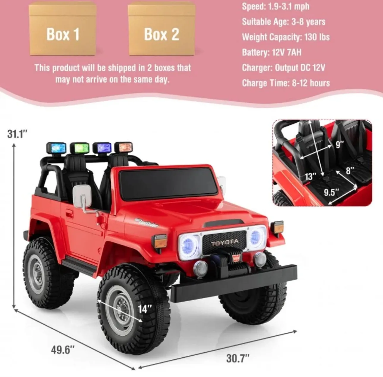 2025 Upgraded 12V Licensed 2 Seater Toyota FJ40 12V Ride On Car | Colourful Lights | Seatbelt | Storage| 2 Speeds | 14” Tires | Upgraded Shocks | Remote