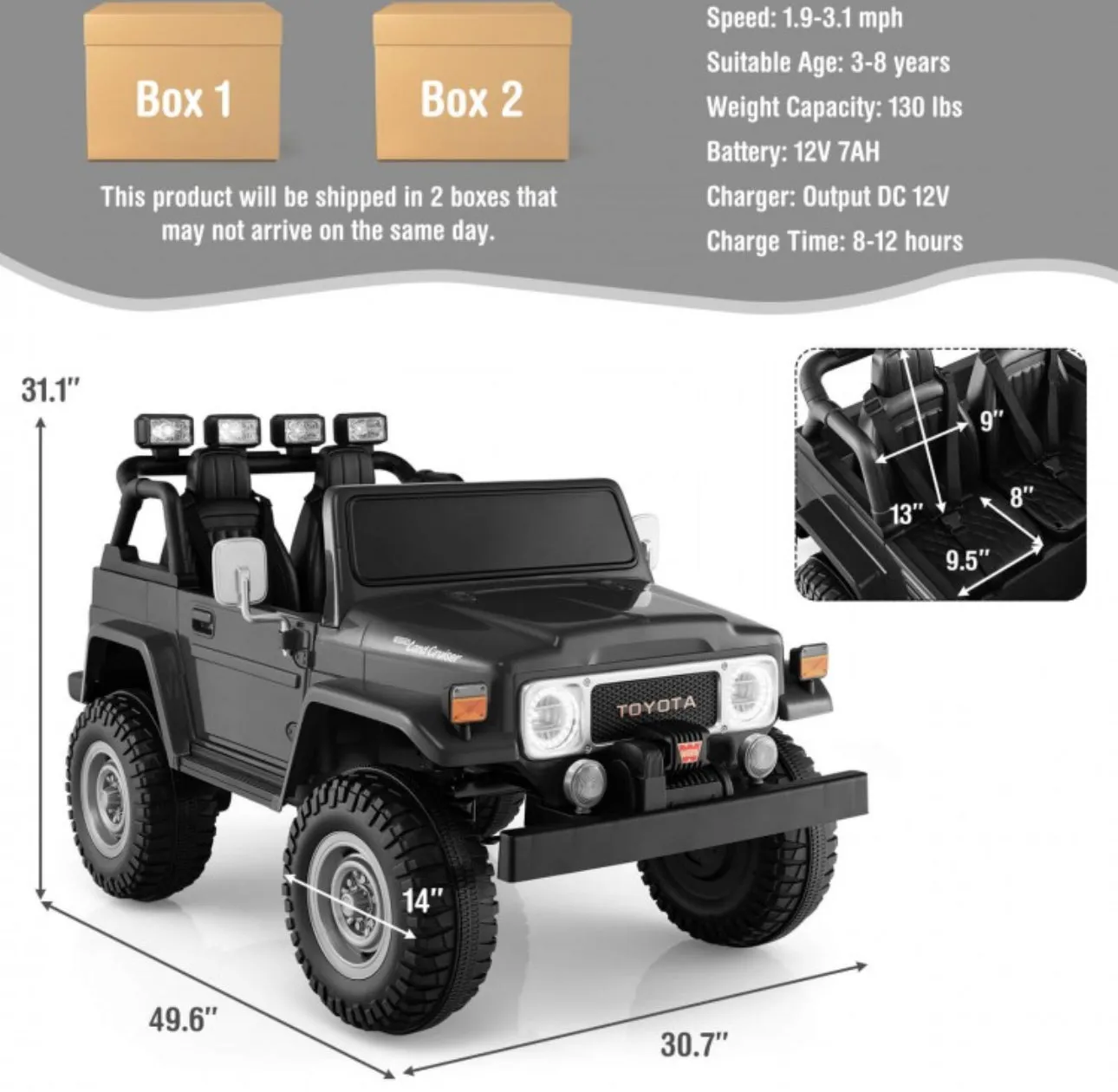 2025 Upgraded 12V Licensed 2 Seater Toyota FJ40 12V Ride On Car | Colourful Lights | Seatbelt | Storage| 2 Speeds | 14” Tires | Upgraded Shocks | Remote