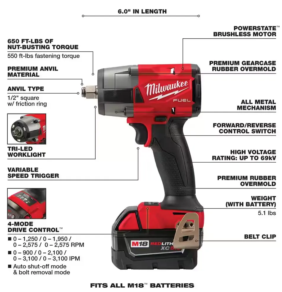 2962-22R Milwaukee M18 Fuel 1/2" Mid Torque Impact Wrench w/ Friction Ring Kit