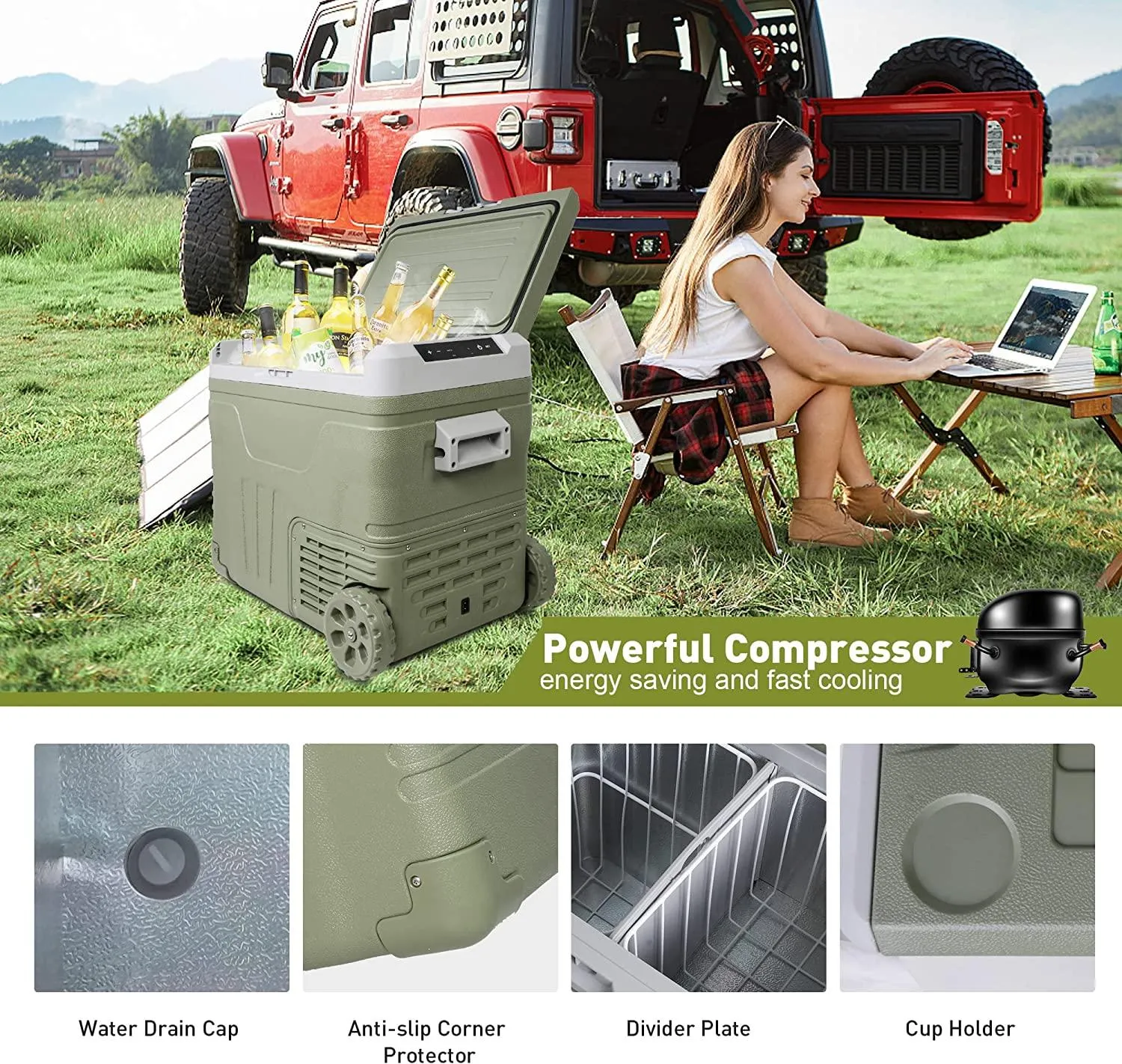 52 Quart  Portable Car Refrigerator Freezer with Wheels & Pull Rod, Temperature Display (-4℉-68℉), 12/24V DC & 100-240V AC