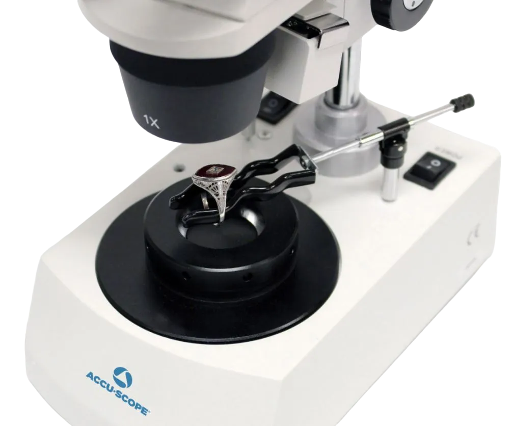 Accu-Scope 3052 Stereo Microscope with 1x and 3x Objectives, Darkfield and Gem Clamp