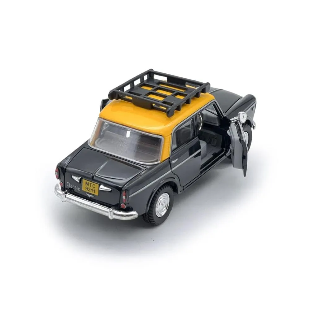 Amisha Gift Gallery Plastic Toys Bombay Ambassador Taxi car Toy, Pull Back Action, Excellent Body Graphics, Door openable Pack of 1, Color (Black Taxi Car)