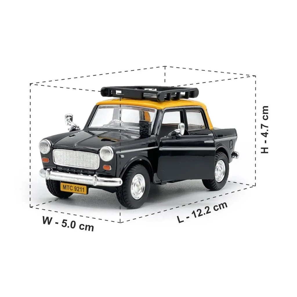 Amisha Gift Gallery Plastic Toys Bombay Ambassador Taxi car Toy, Pull Back Action, Excellent Body Graphics, Door openable Pack of 1, Color (Black Taxi Car)