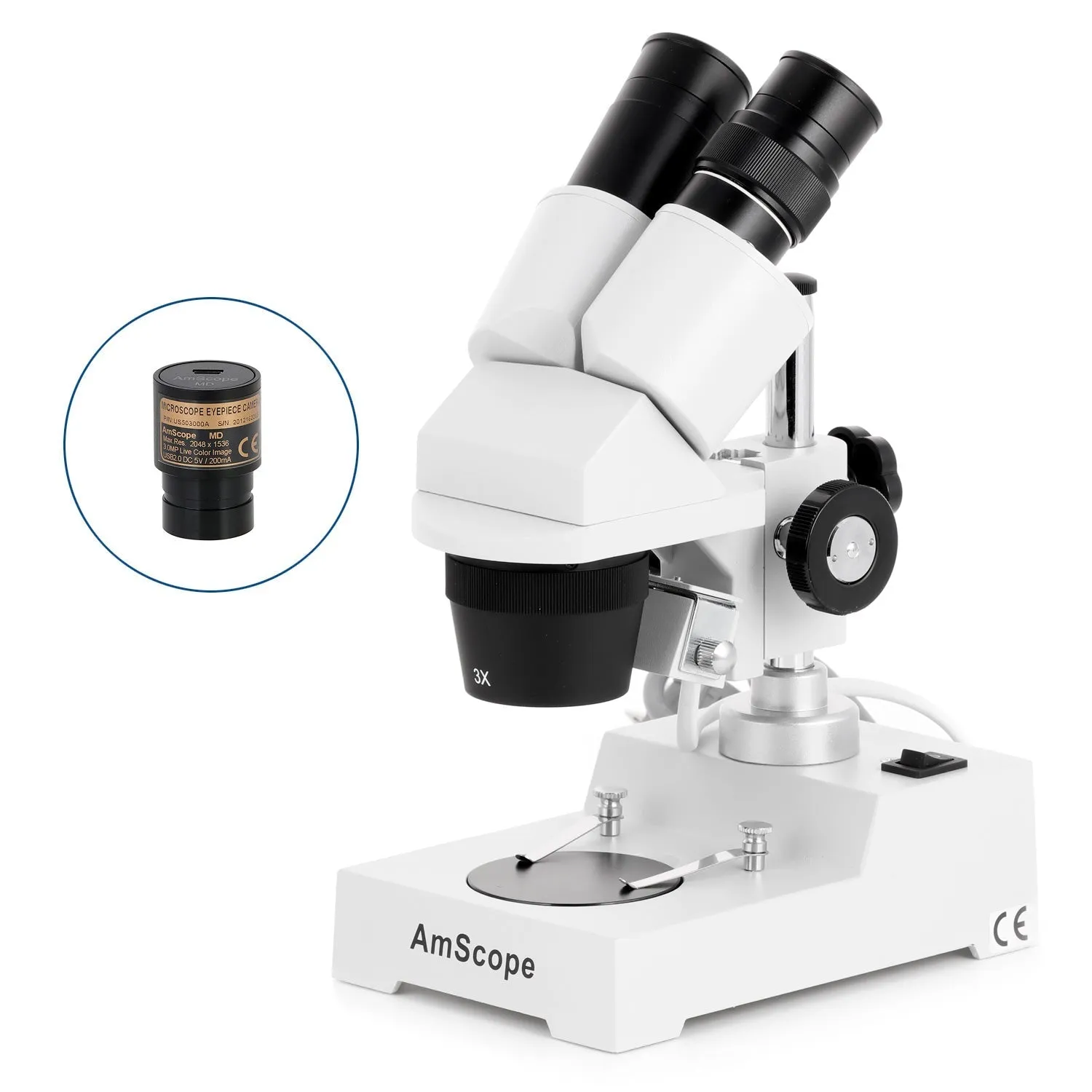 AmScope SE303 Series Compact Multi-Lens Binocular Stereo Microscope w/Angled Head, Metal Pillar Standard Top Lighting