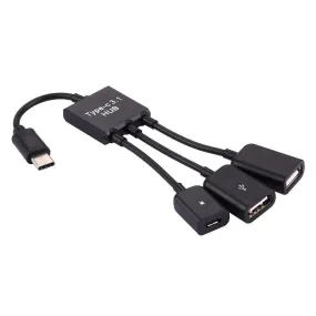 AMZER® 17.8cm 3 Ports USB Type-C 3.1 OTG Charge HUB Cable - Black