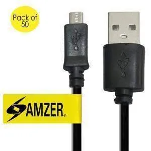 Amzer Universal Micro USB to USB 2.0 Data Sync and Charge Cable 1ft. Pack of 50 - Black