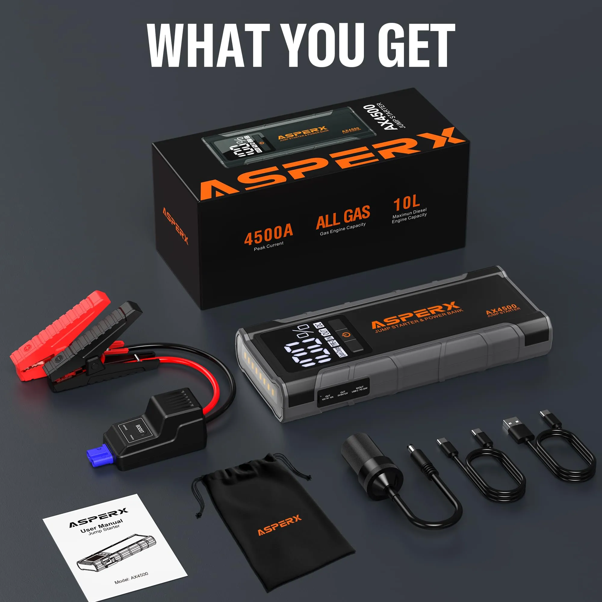 ASPERX AX4500 Jump Starter, 4500A Peak Car Jump Starter for Up to All Gas and 10.0L Diesel Engines, 12V Battery Starter with 4 Inch LCD Display, Lithium Battery Booster with Built-in LED Light