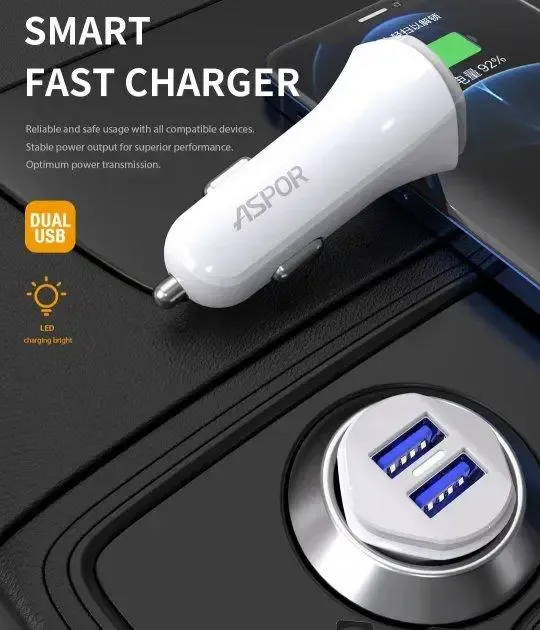 Aspor A903 Dual USB Car Charger with Micro Cable