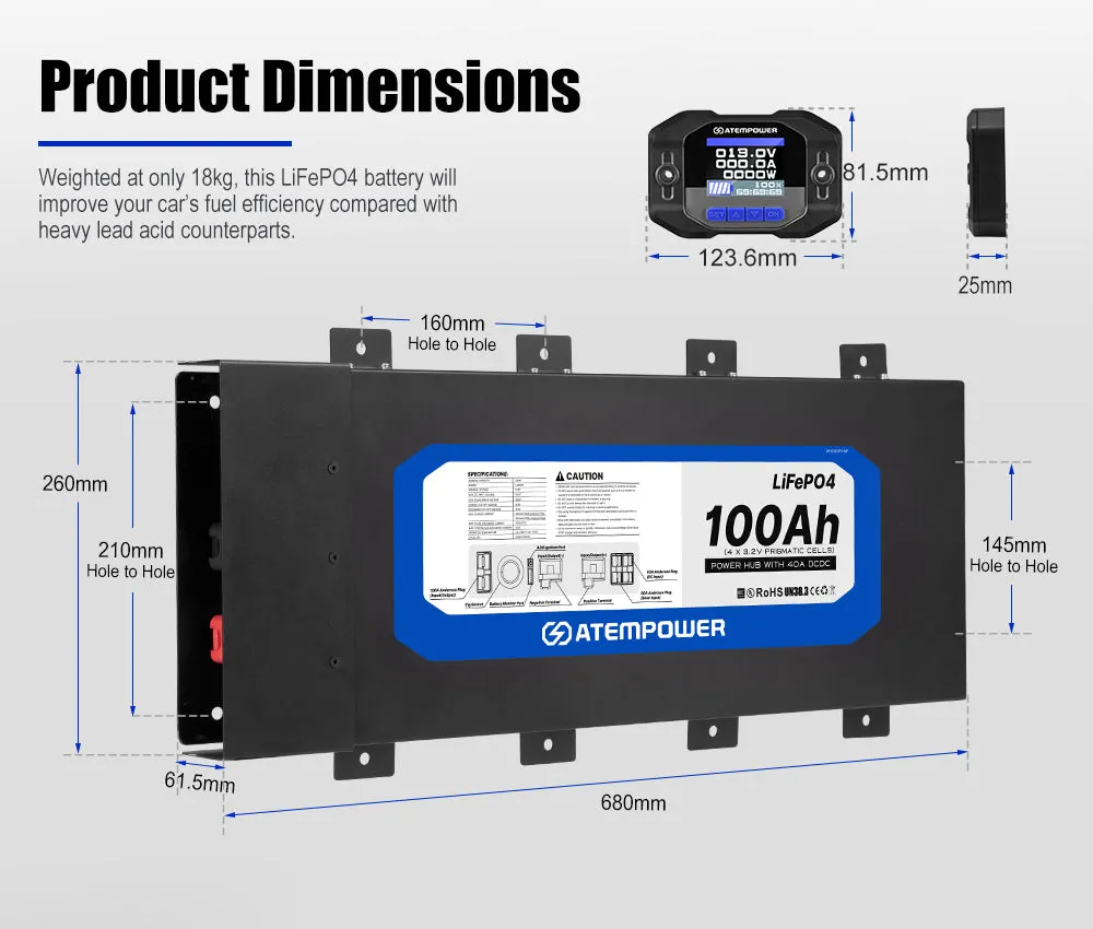 Atem Power 12V 100Ah Slimline Lithium Battery Built-in 40A DC-DC Charger