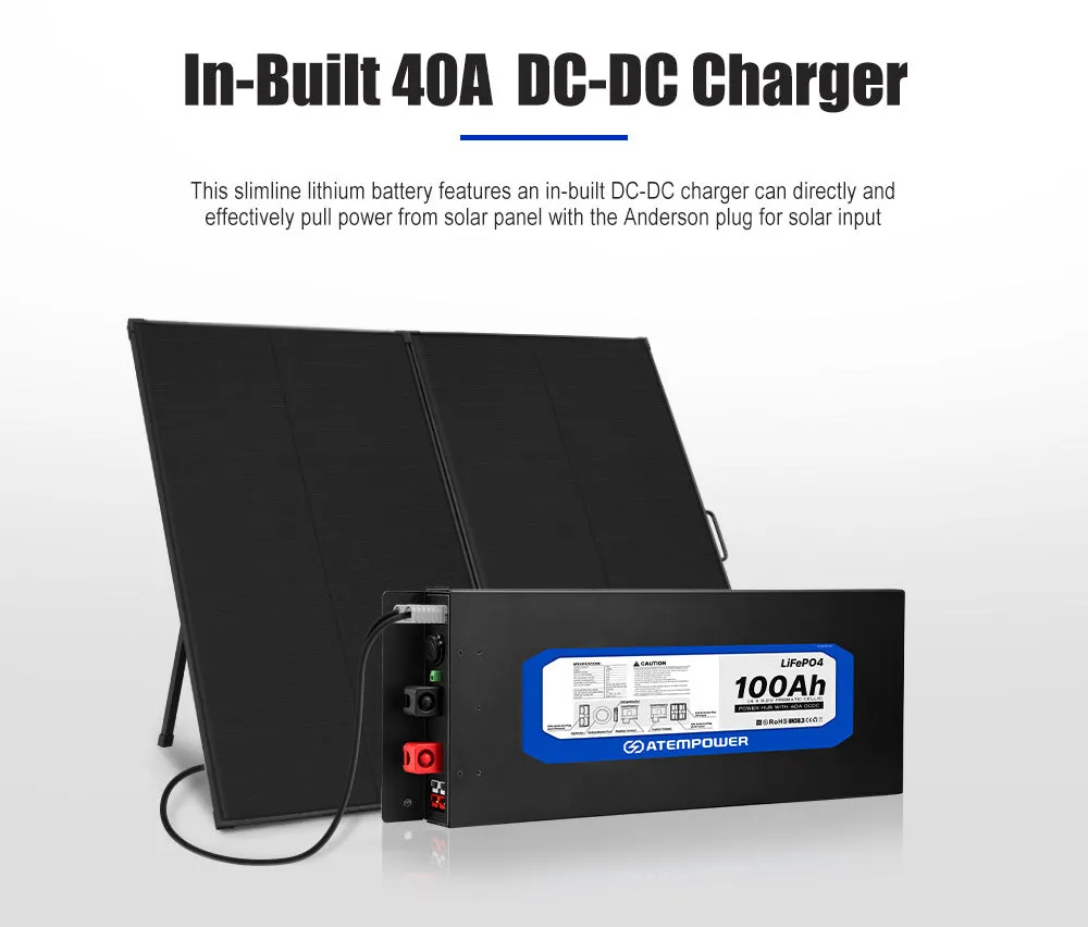 Atem Power 12V 100Ah Slimline Lithium Battery Built-in 40A DC-DC Charger