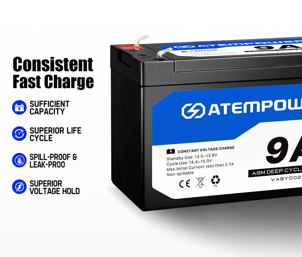 Atem Power 12V 9AH AGM Battery AMP Lead Acid SLA Deep Cycle Battery Dual Solar Power