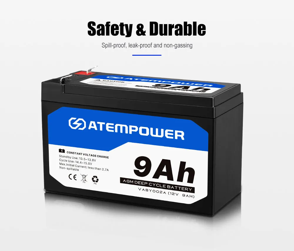 Atem Power 12V 9AH AGM Battery AMP Lead Acid SLA Deep Cycle Battery Dual Solar Power