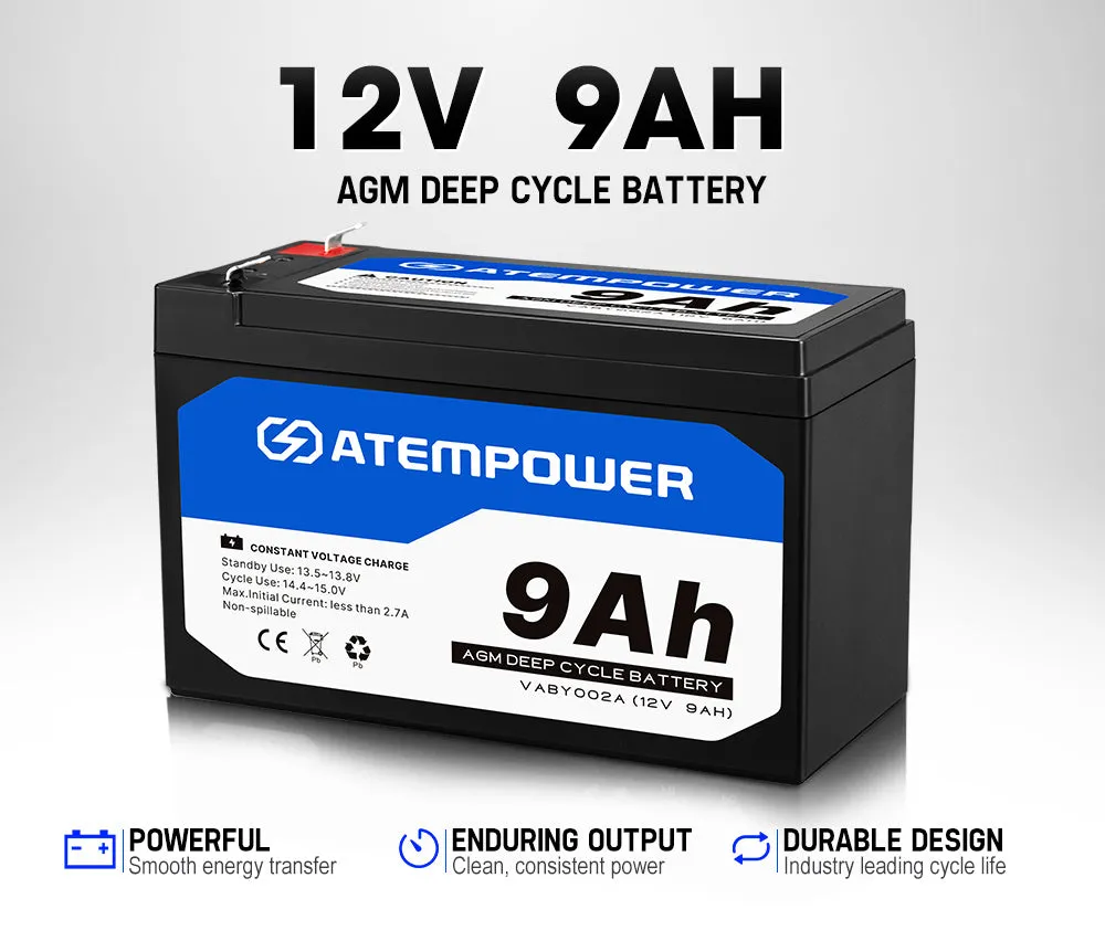 Atem Power 12V 9AH AGM Battery AMP Lead Acid SLA Deep Cycle Battery Dual Solar Power