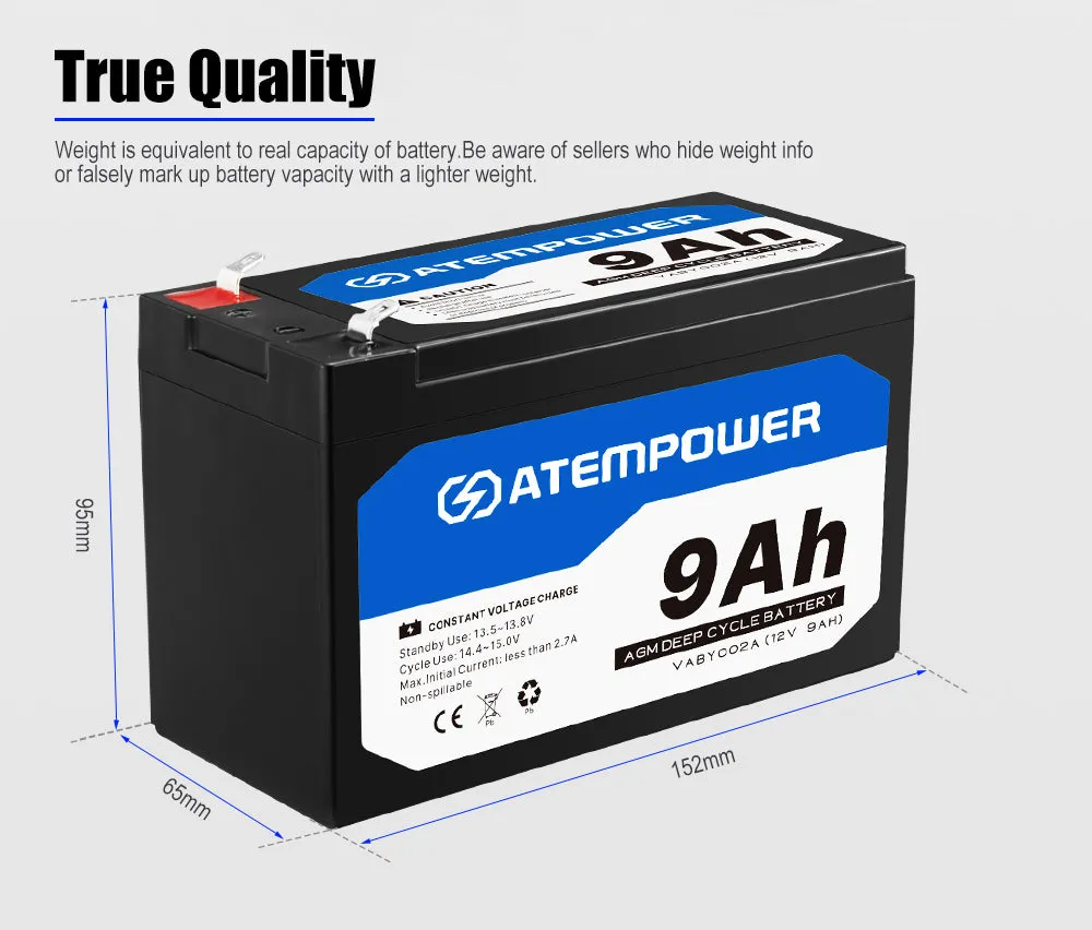 Atem Power 12V 9AH AGM Battery AMP Lead Acid SLA Deep Cycle Battery Dual Solar Power