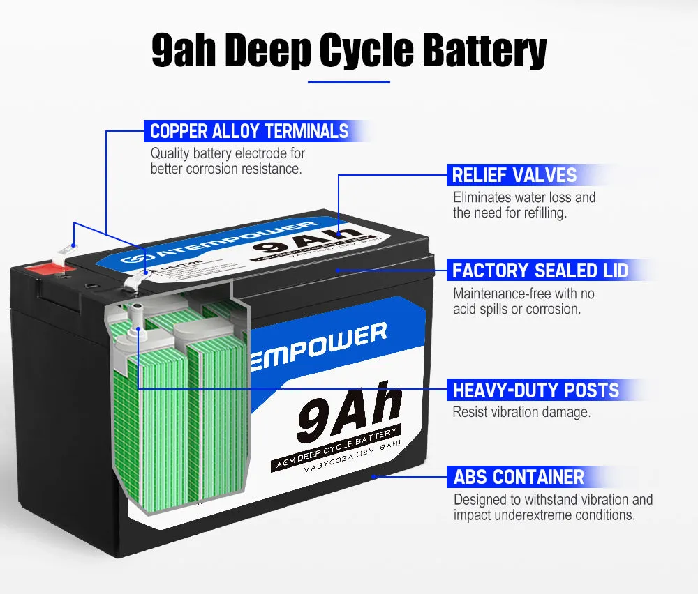 Atem Power 12V 9AH AGM Battery AMP Lead Acid SLA Deep Cycle Battery Dual Solar Power