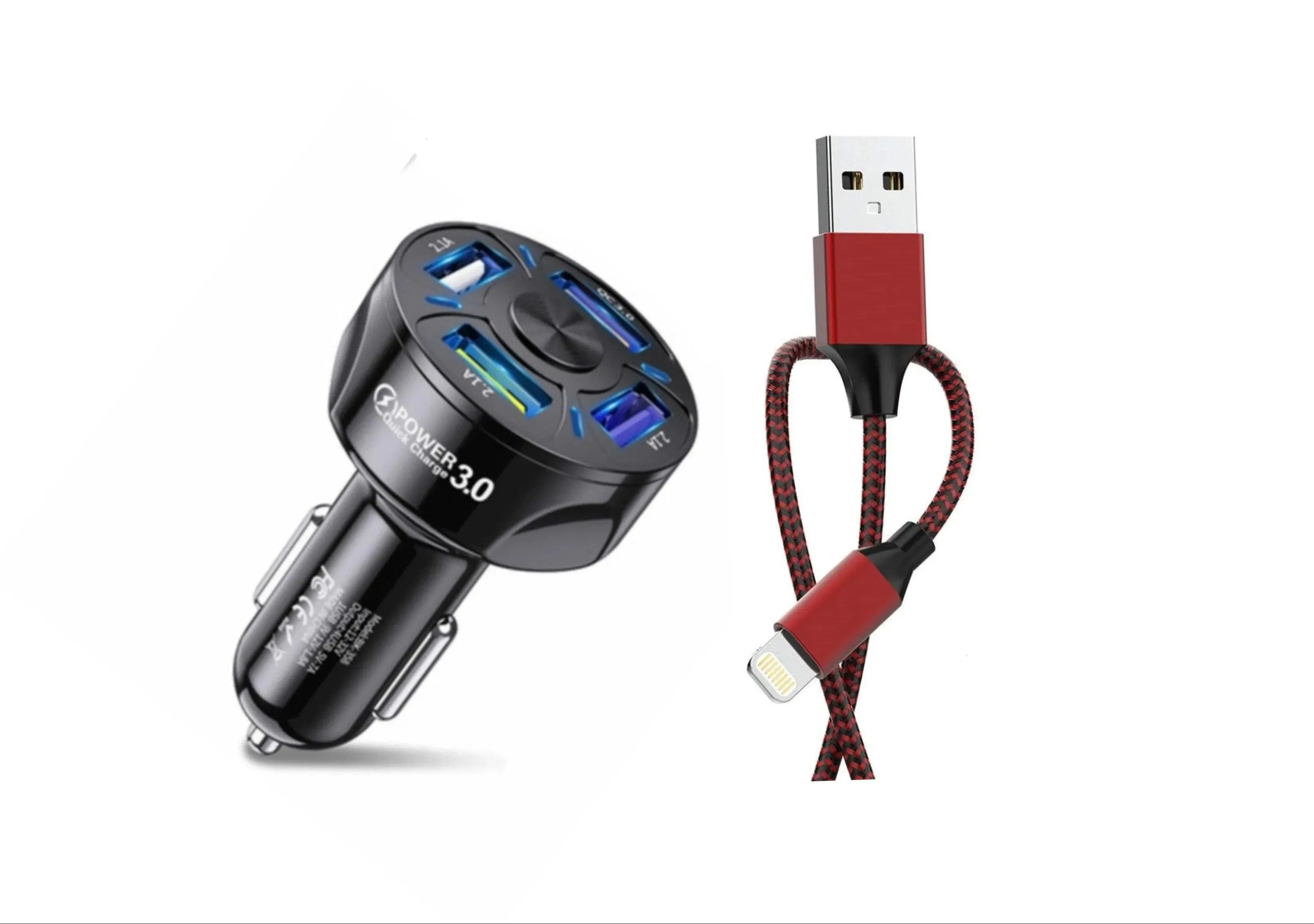 Black 4 Port LED Fast Car Charger and  6FT Charger Compatible for Iphone