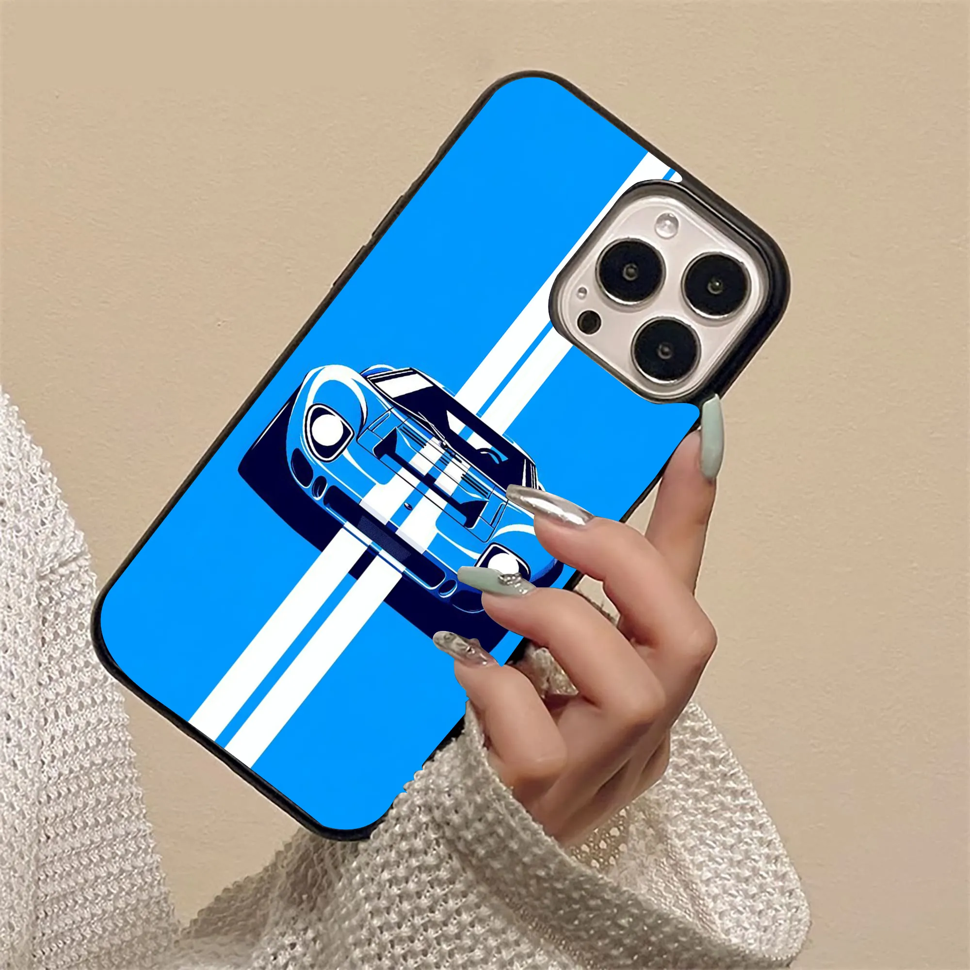 Blue Super Car Pattern Glass Case