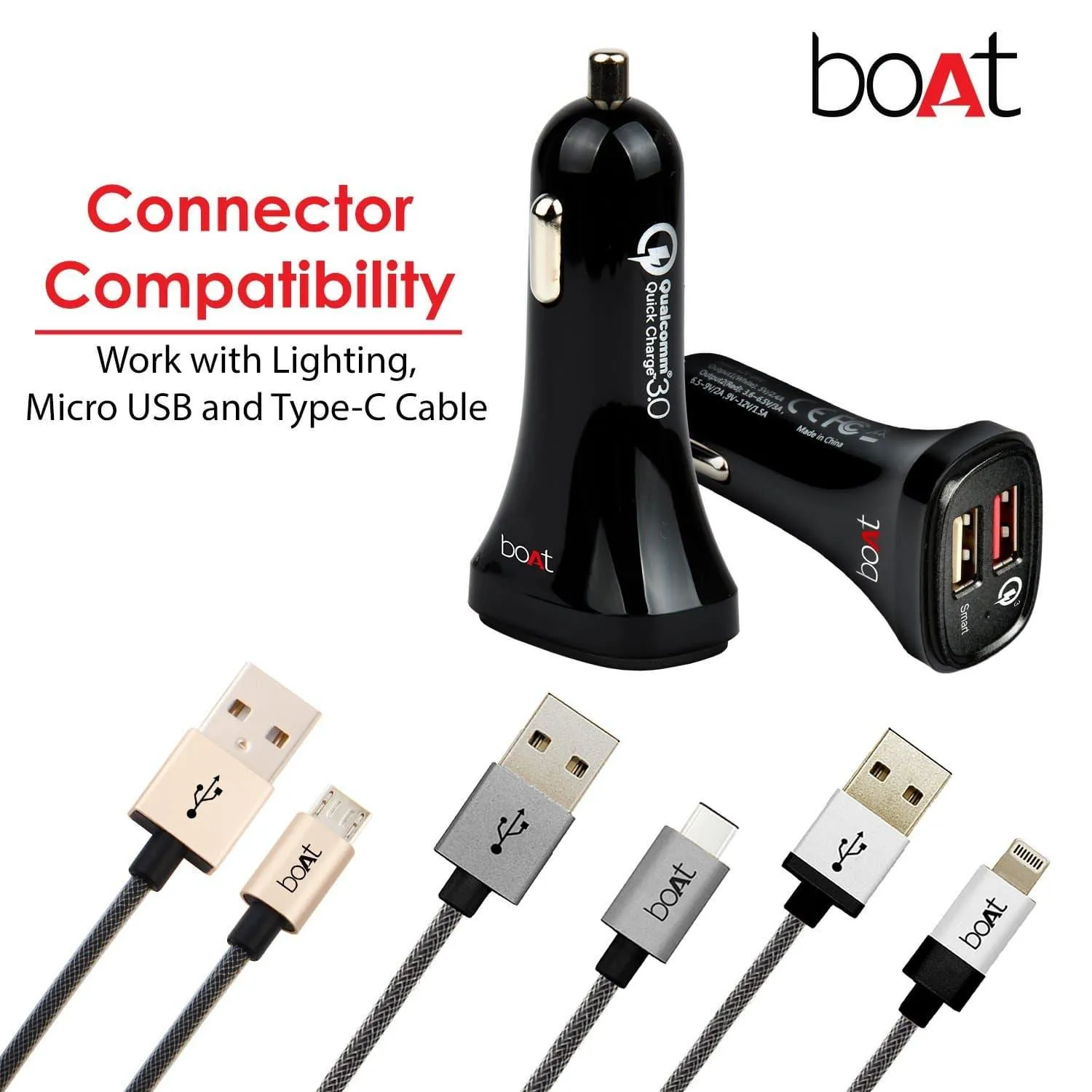 boAt Dual Port Rapid Car Charger with Quick Charge 3.0 Micro USB Cable