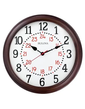 Bulova Station Master Wall Clock - 12 & 24 Hour Markers - Espresso Wooden Case