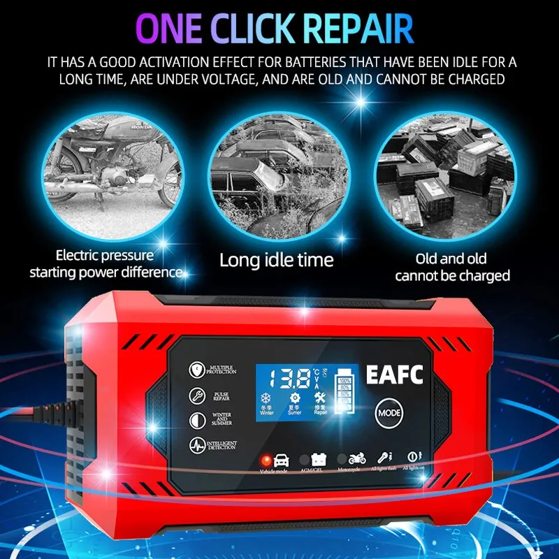 Car Battery Charger 6A 12V Car and Motorcycle Battery Charging Device Lead-acid Battery Smart Repair LCD Display