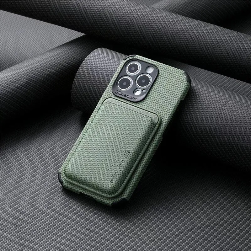 Carbon Fiber Phone Case  With Magnetic Back Card Bag For IPhone