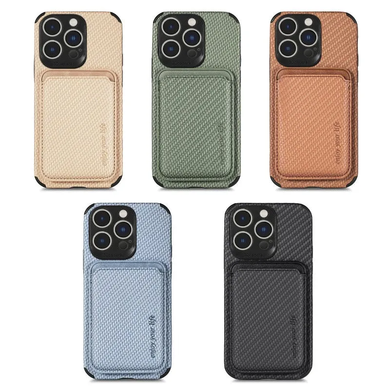 Carbon Fiber Phone Case  With Magnetic Back Card Bag For IPhone