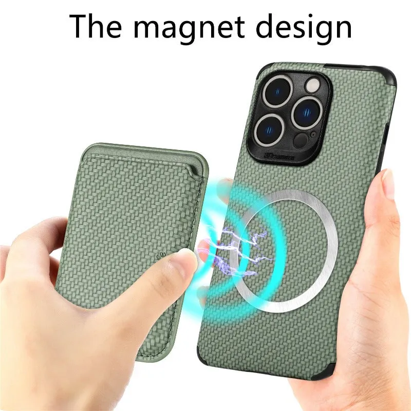 Carbon Fiber Phone Case  With Magnetic Back Card Bag For IPhone