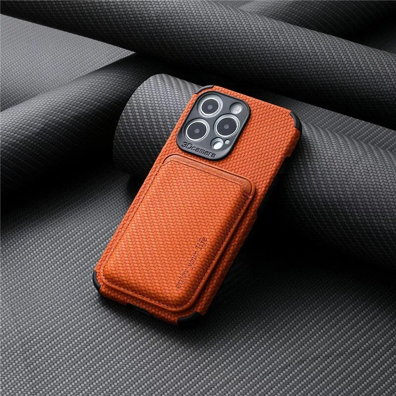 Carbon Fiber Phone Case  With Magnetic Back Card Bag For IPhone