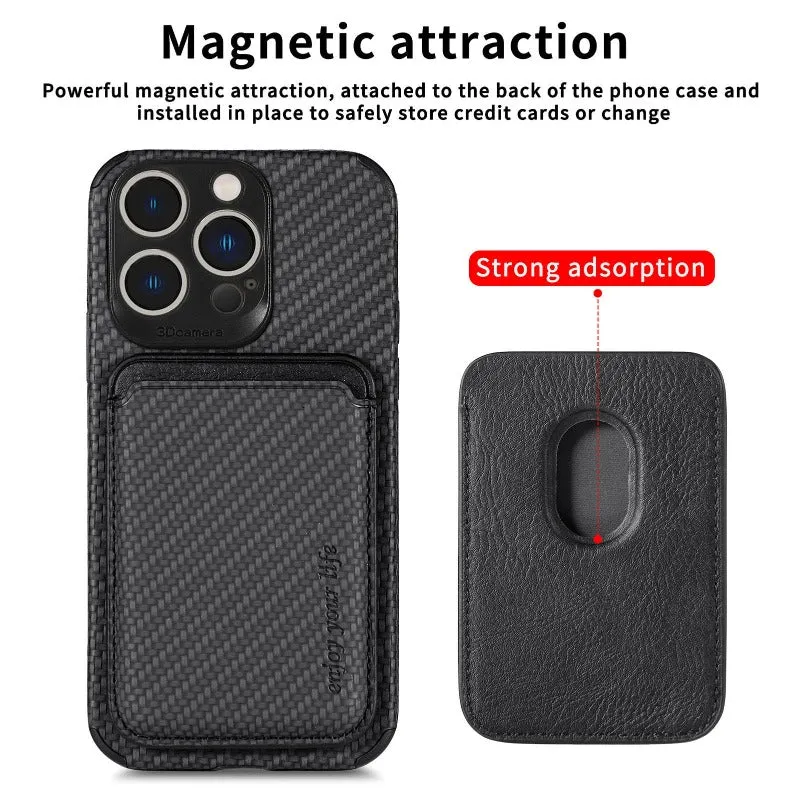 Carbon Fiber Phone Case  With Magnetic Back Card Bag For IPhone