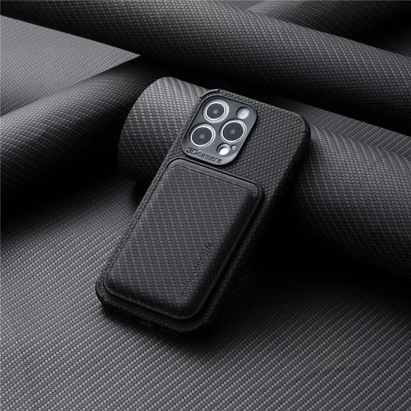 Carbon Fiber Phone Case  With Magnetic Back Card Bag For IPhone