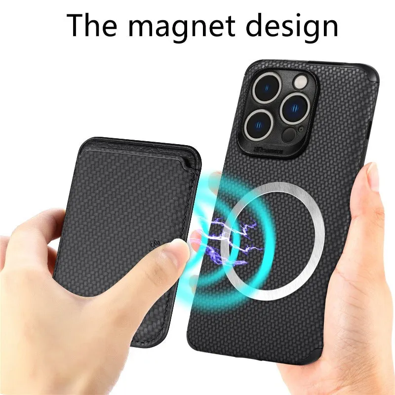 Carbon Fiber Phone Case  With Magnetic Back Card Bag For IPhone