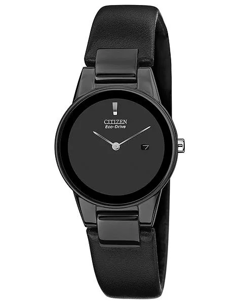 Citizen Eco-Drive Axiom Ladies Strap Watch - Black Dial and Case - Date Display