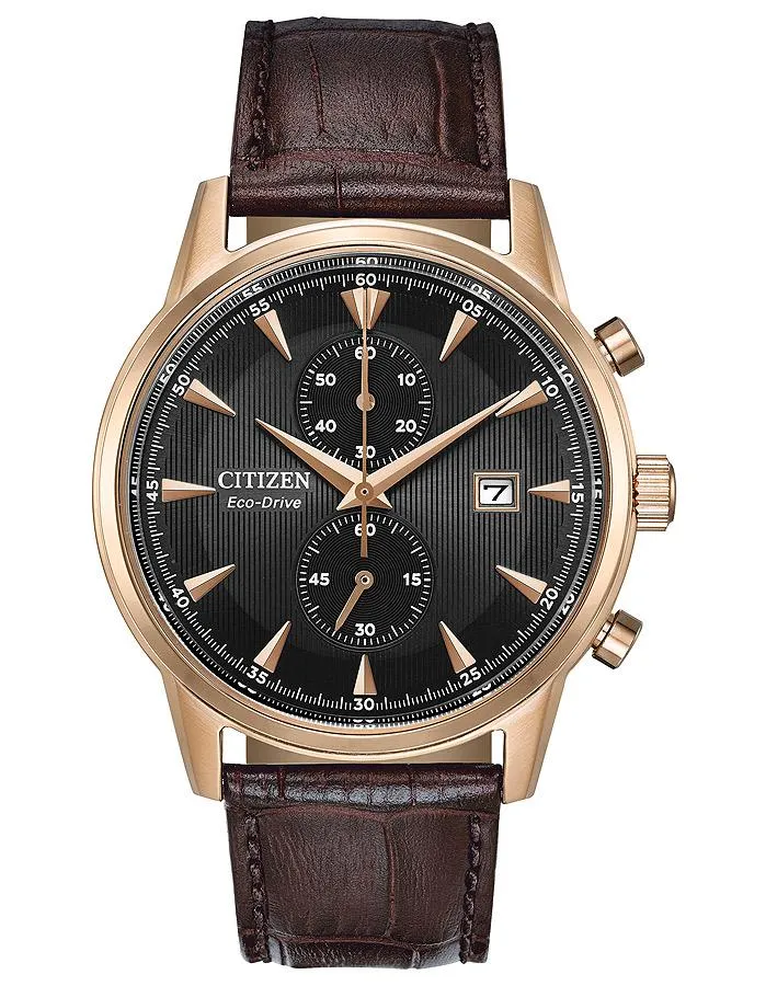 Citizen Eco-Drive Corso Mens Chronograph - Rose-Tone - Black Dial - Brown Strap