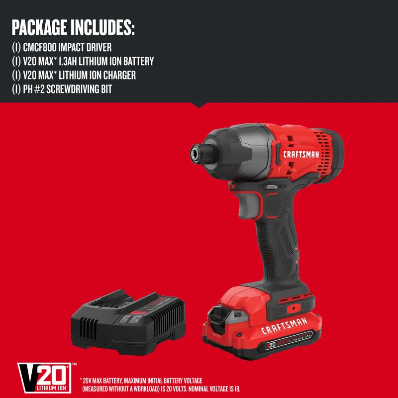 Craftsman V20 1/4 in. Cordless Brushed Impact Driver Kit (Battery & Charger)