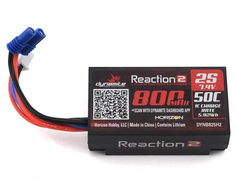 Dynamite Reaction DYNB825H2 2S 50C Hard Case LiPo Battery w/EC2 Connector (7.4V/800mAh)