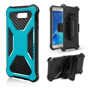 Galaxy J3 Emerge Case, Rugged Slim Rotating Swivel Lock Carbon Fiber Combo Case for Galaxy J3 Emerge - Teal