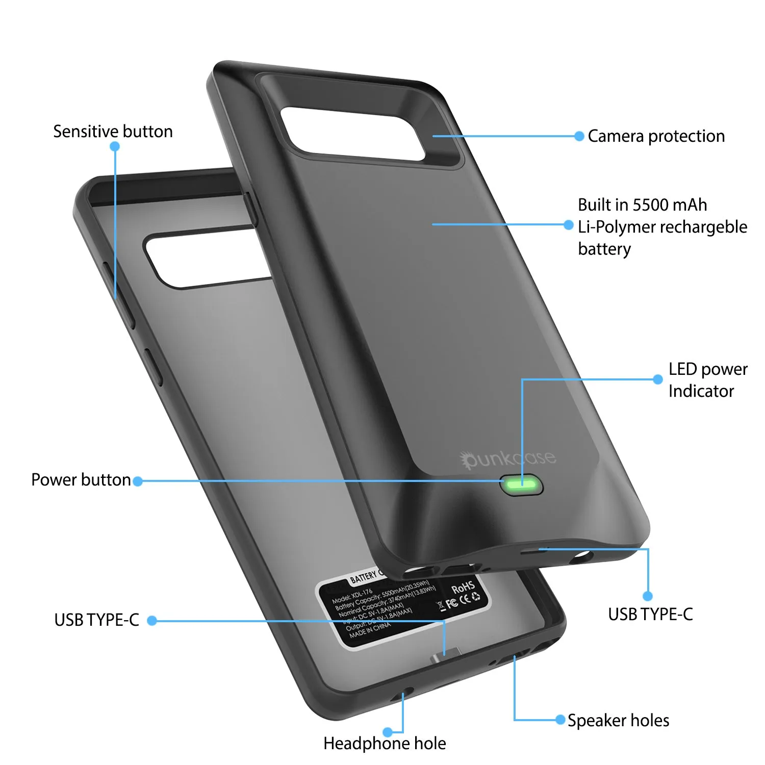 Galaxy Note 8 5000mAH Battery Charger W/ USB Port Slim Case [Black]