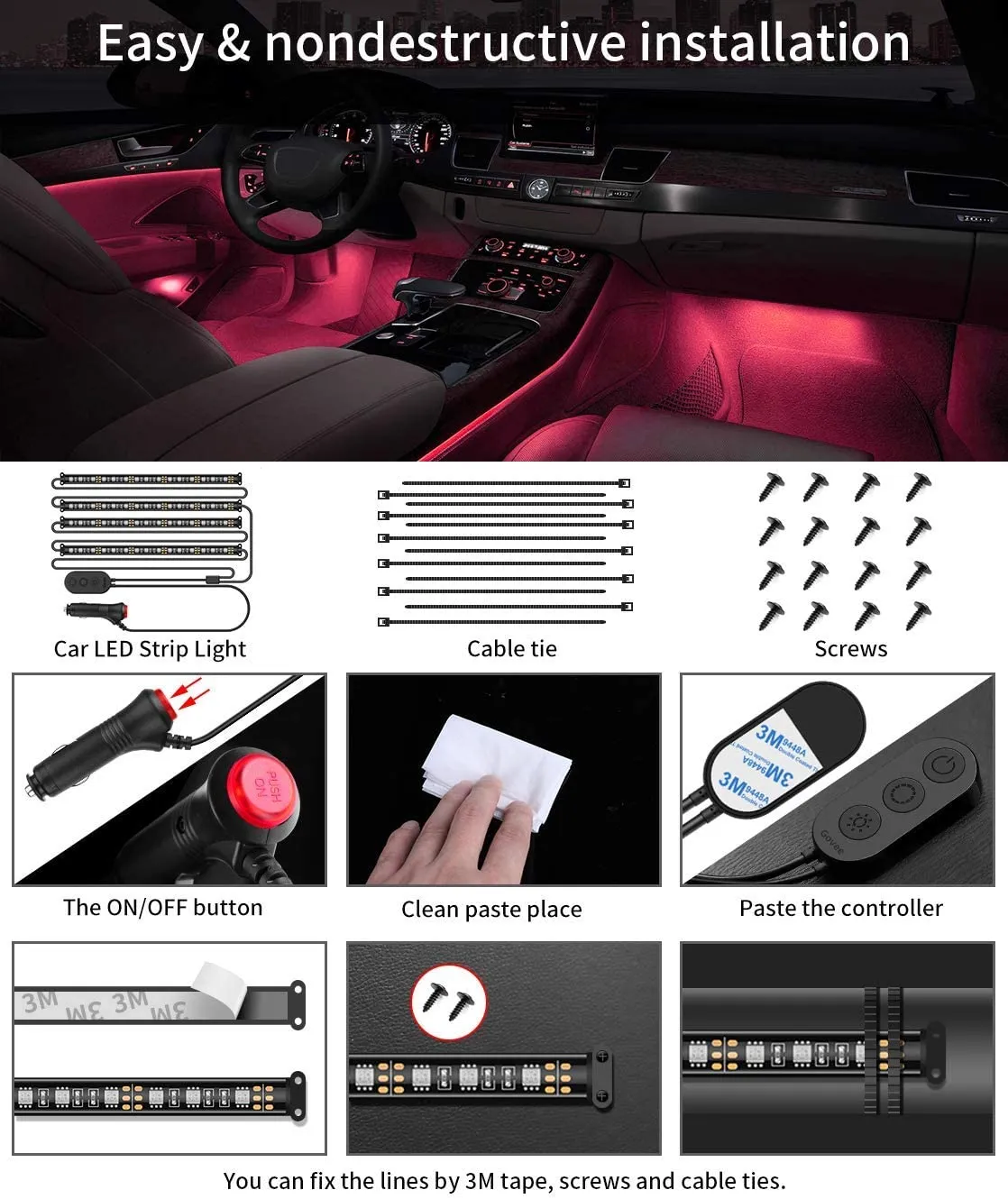 Govee Interior Car Lights, Car LED Strip Light Upgrade Two-Line Design Waterproof 4pcs 48 LED APP Controller Lighting Kits, Multi DIY Color Music Unde