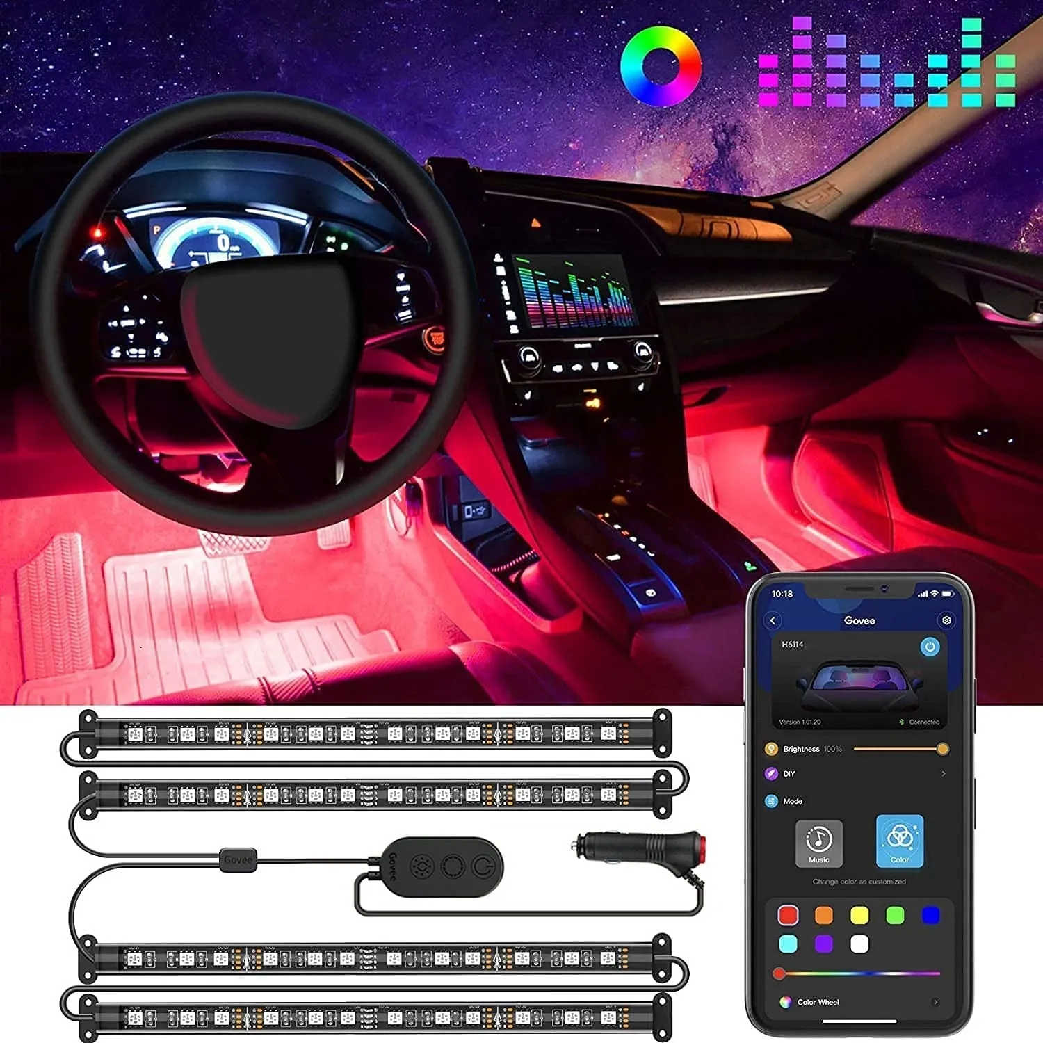 Govee Interior Car Lights, Car LED Strip Light Upgrade Two-Line Design Waterproof 4pcs 48 LED APP Controller Lighting Kits, Multi DIY Color Music Unde