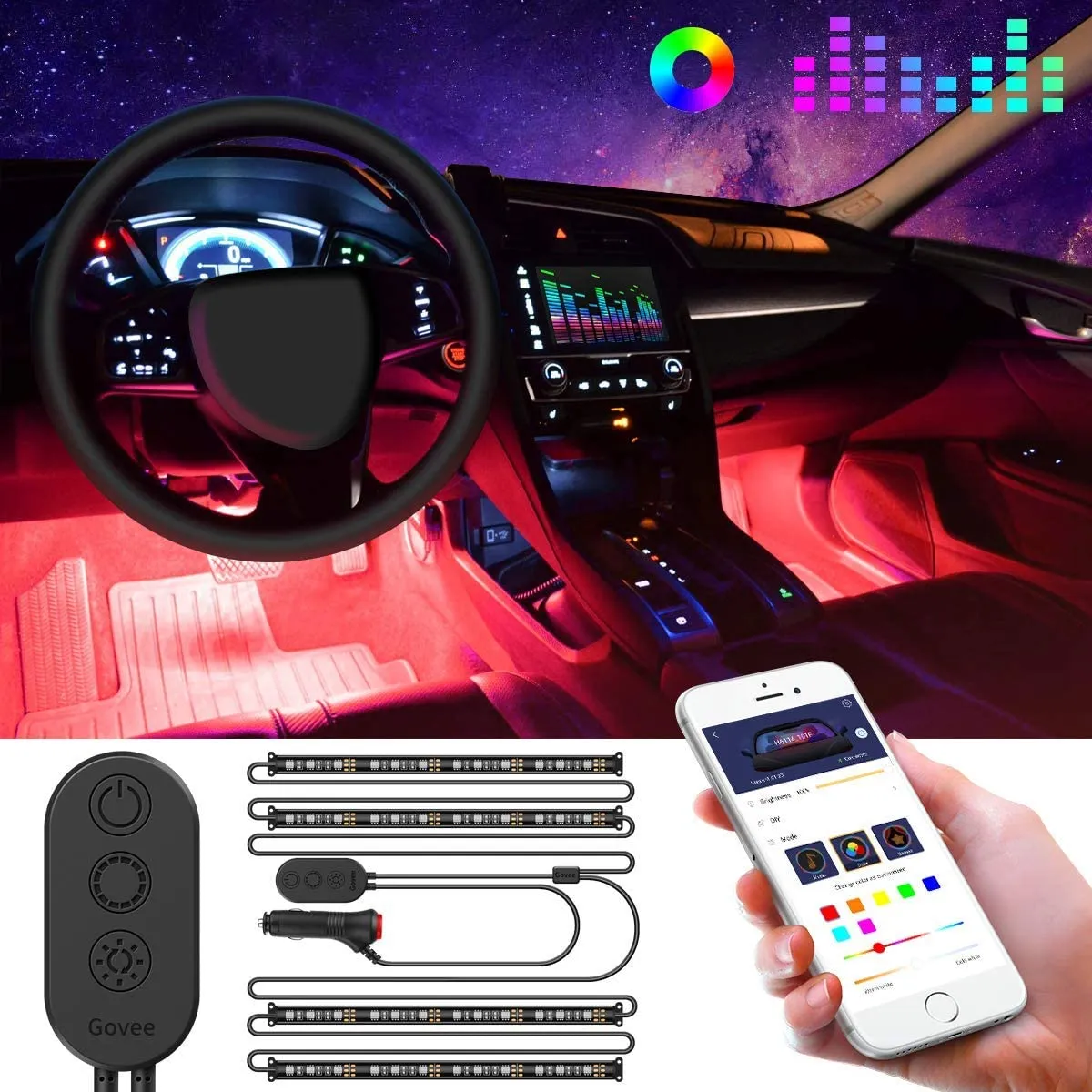 Govee Interior Car Lights, Car LED Strip Light Upgrade Two-Line Design Waterproof 4pcs 48 LED APP Controller Lighting Kits, Multi DIY Color Music Unde