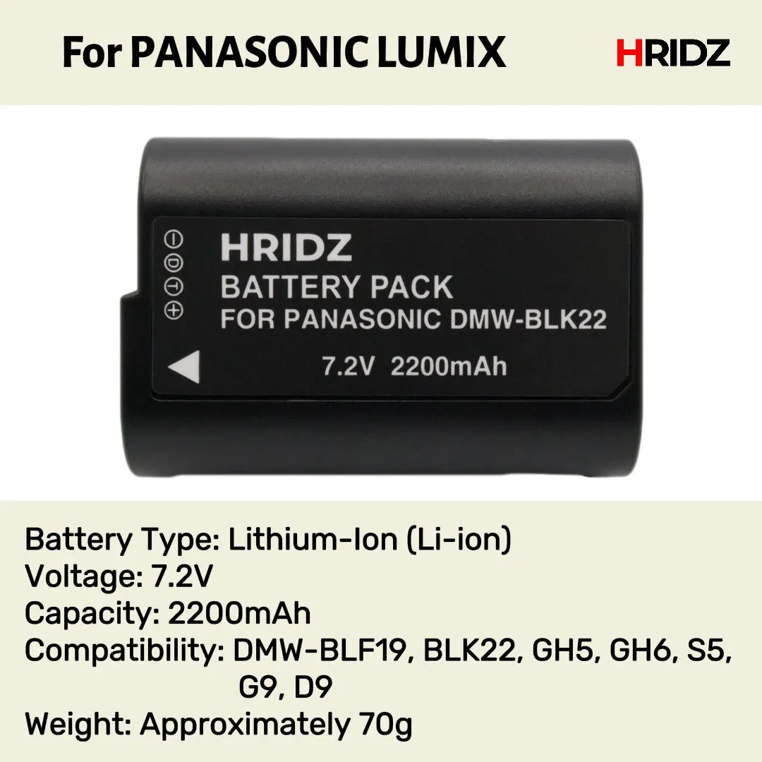 Hridz BLK22 Batteries & Charger for Panasonic Lumix G9 S5 GH6 GH5 GH5s