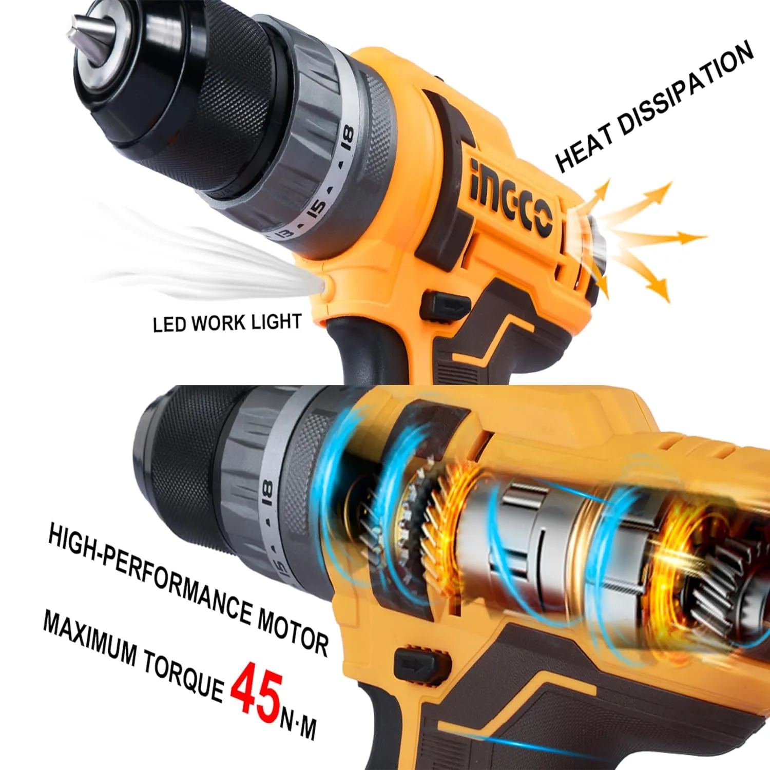 INGCO 54Pcs Impact Drill Machine Kit,20V Lithium-Ion Impact Drill Machine,Auto-Lock Keyless Chuck,Spindle Lock Function,45Nm,18 1 1,Hammer Drill Kit With 2*2.0Ah Batteries,1 Fast Charger, 3 drill bits  CIDLI201452