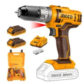 INGCO 54Pcs Impact Drill Machine Kit,20V Lithium-Ion Impact Drill Machine,Auto-Lock Keyless Chuck,Spindle Lock Function,45Nm,18 1 1,Hammer Drill Kit With 2*2.0Ah Batteries,1 Fast Charger, 3 drill bits  CIDLI201452